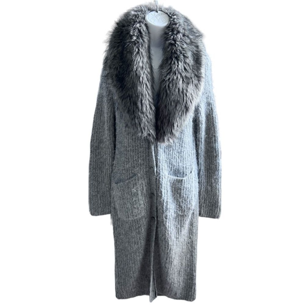 PENNY LANE Express Fuzzy Knit Faux Fur Collar Duster Cardigan Size XS